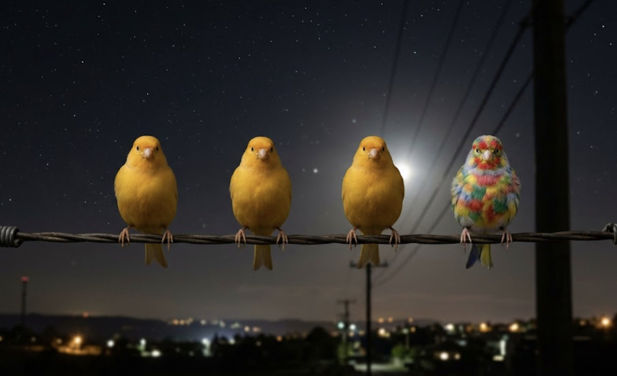 Four canaries perched on a telephone wire at night; three yellow, one with red, green, blue, and yellow feathers